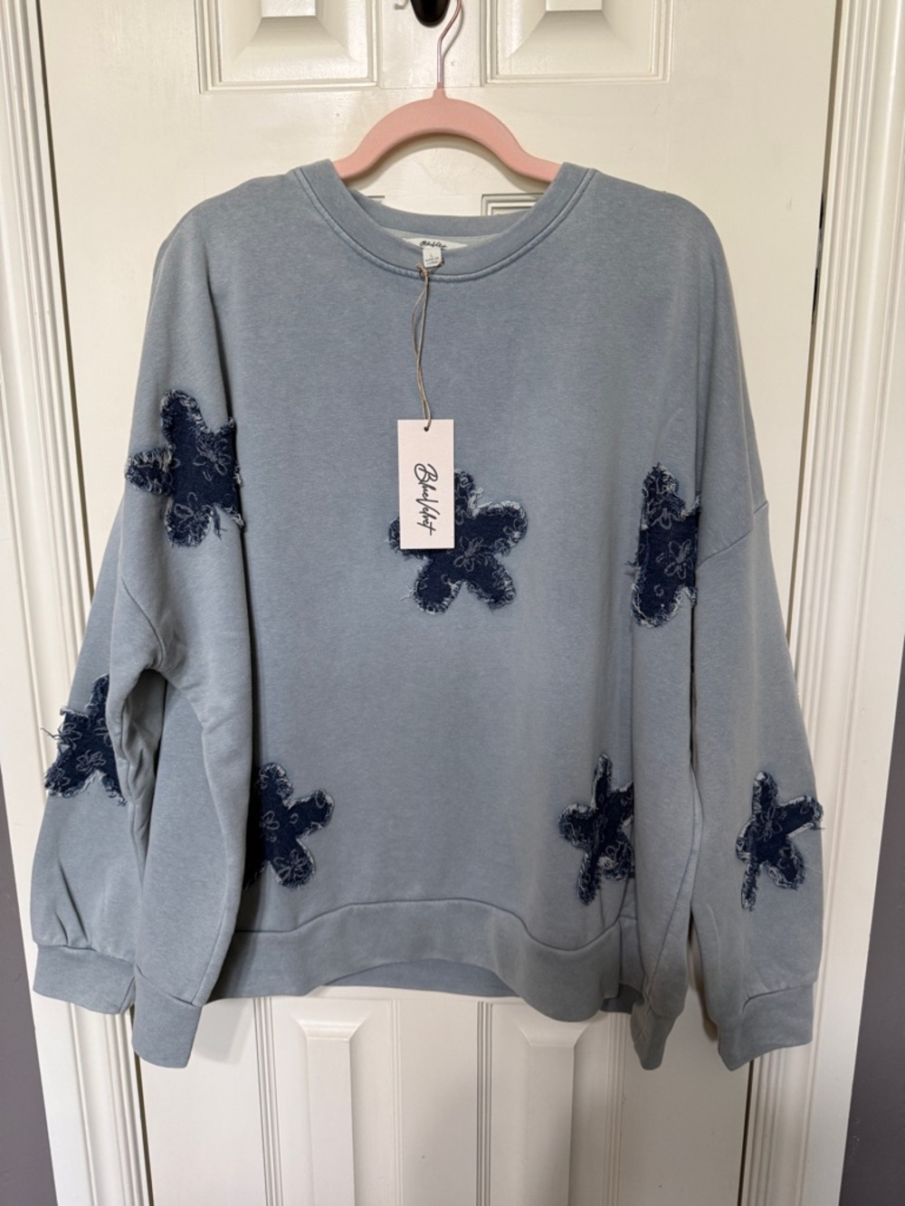 Blue Velvet Light Blue Crewneck Sweatshirt with Navy Denim Floral Appliqués